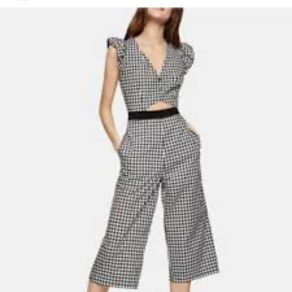 BCBGeneration Black & White Gingham Cut Out Wide Leg Jumpsuit Sz 10 NWT - Picture 1 of 11